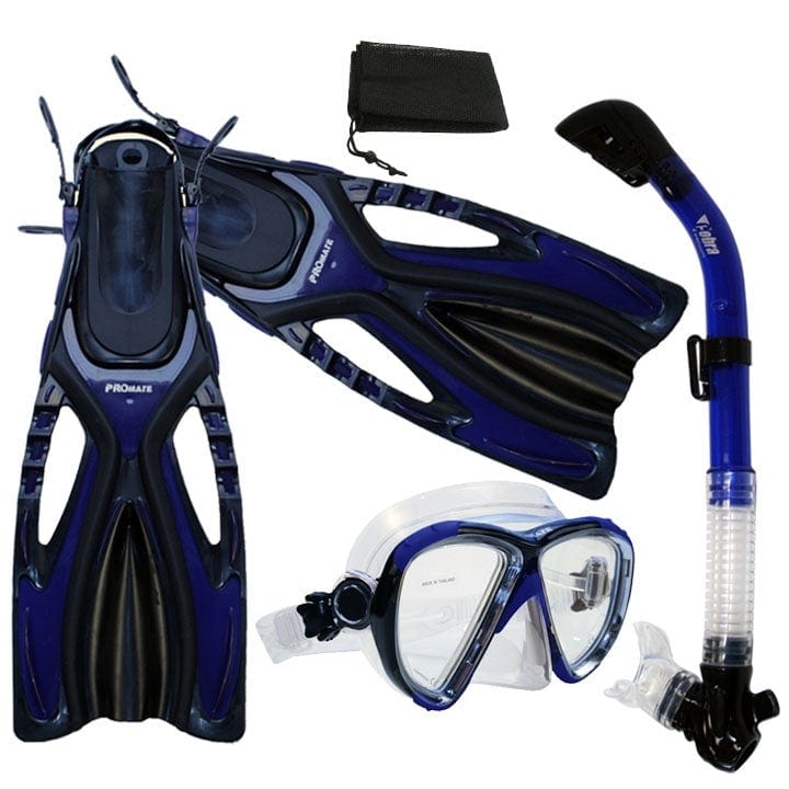 Adult Snorkeling Set - Mask, Fins, Dry Snorkel, And Mesh Bag - S/M Fits Shoe Size 4.5-8.5, Black