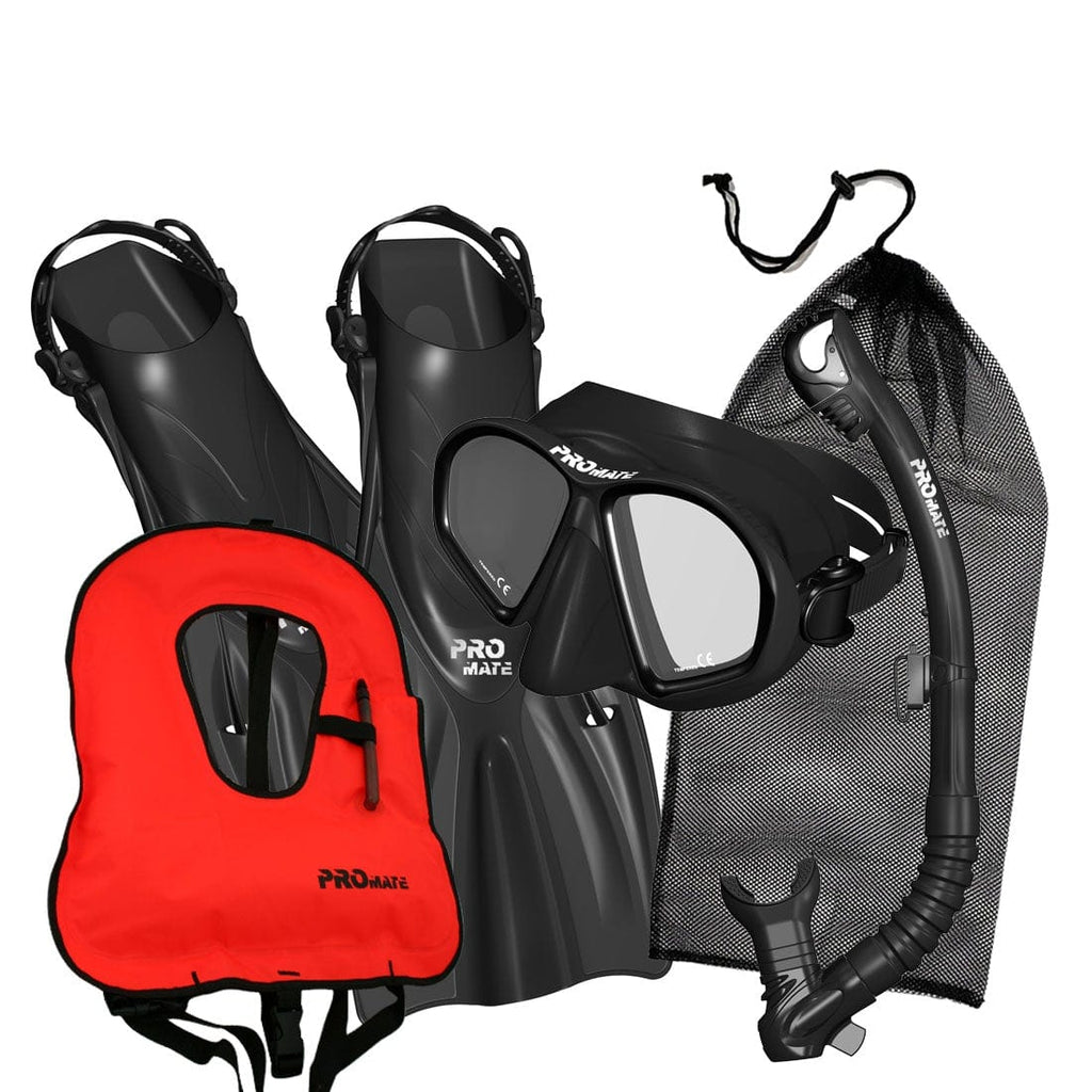 Promate Spectrum Adult Snorkeling Mask Dry Snorkel Fins Gear Bag Set With Snorkel Vest Jacket - SCS0099 +SV01