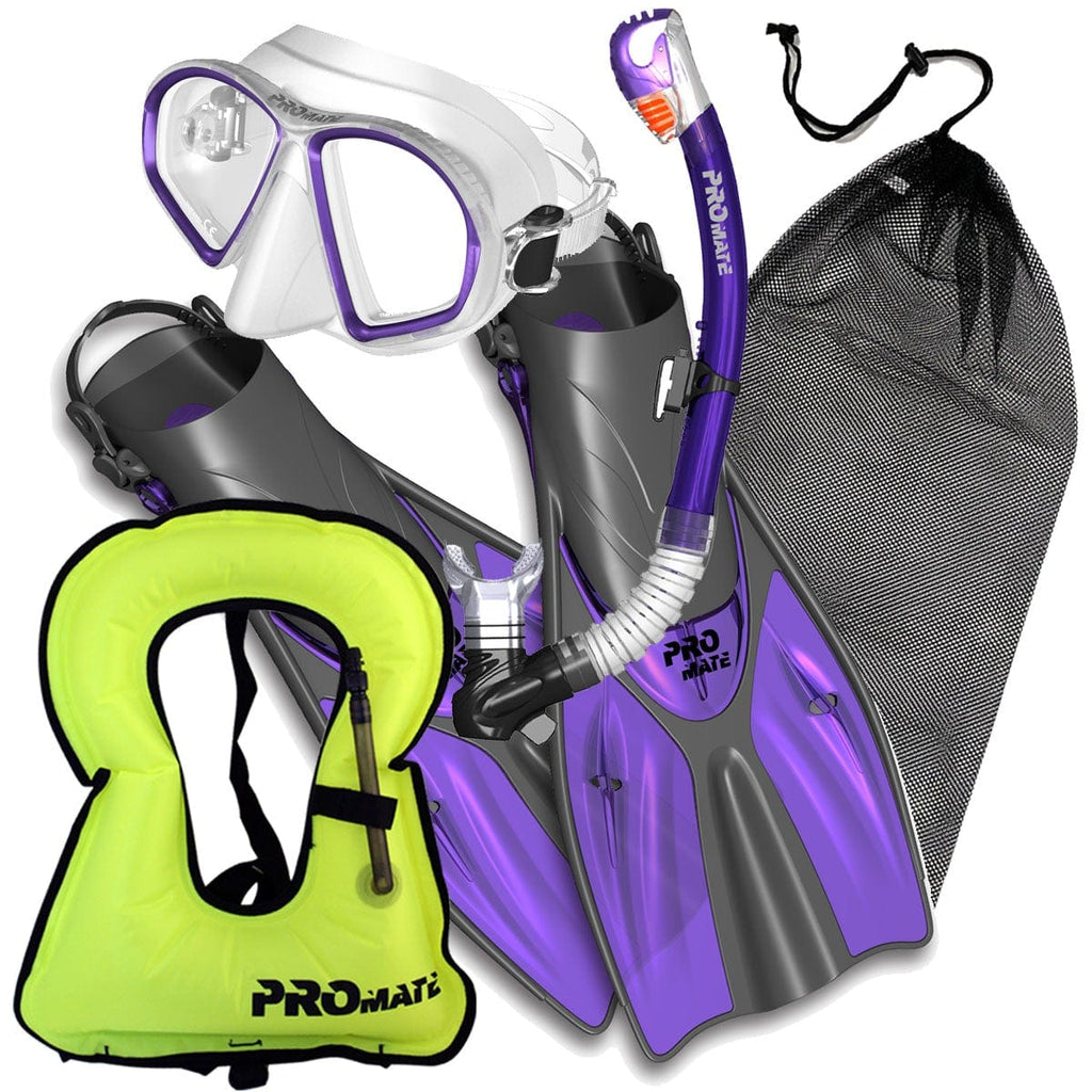 Junior Snorkeling Scuba Diving Mask DRY Snorkel Fins Set for kids with vest  - SCS0040+SV01-Small