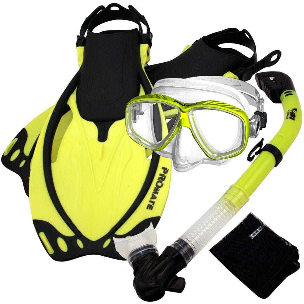 Snorkeling Scuba Dive Dry Snorkel Purge Mask Diving Fins Gear Set, Yellow, SM, Size: Small/Medium