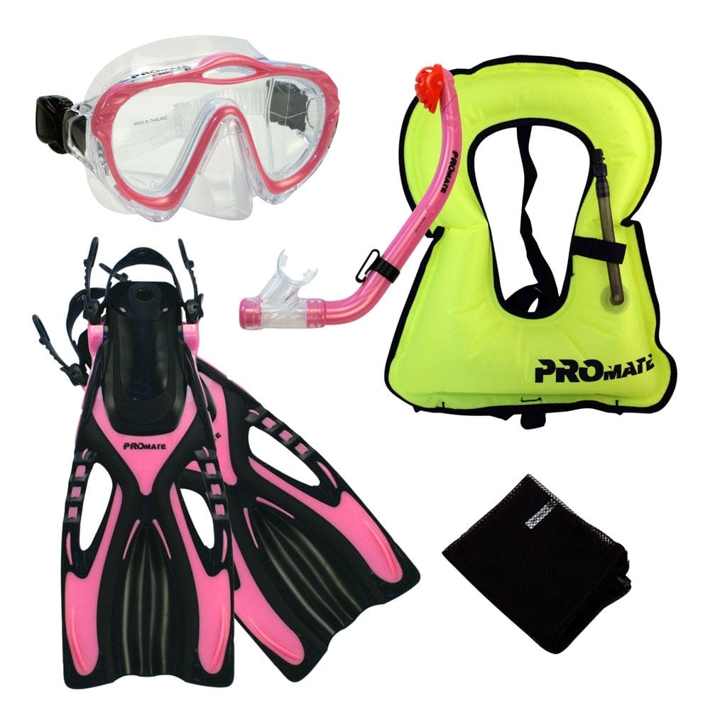 Junior Snorkeling Scuba Diving Mask DRY Snorkel Fins Set for kids with vest - SCS0040+SV01-Small
