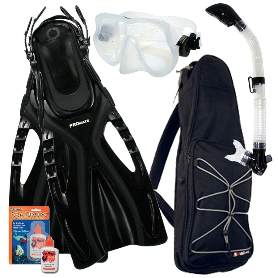 Promate Snorkel Set - Dry Snorkel, Purge Mask, Fins & Mesh Bag - Complete Gear For Beginners
