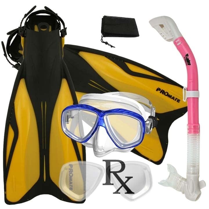 Promate PRESCRIPTION Snorkeling Set, Force Fins Dry Snorkel Scuba Diving Purge Mask - SCS0084 RX