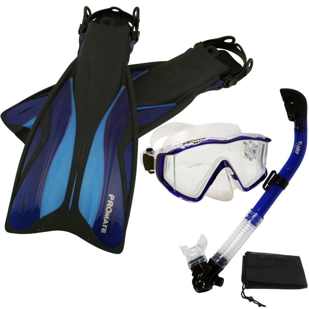 Snorkeling Panoramic Scuba Dive Mask Dry Snorkel Fins Deluxe Set - SCS0089