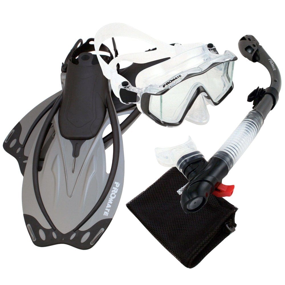 PROMATE Snorkeling Scuba Dive Panoramic PURGE Mask Dry Snorkel Fins Gear Set - SCS0092