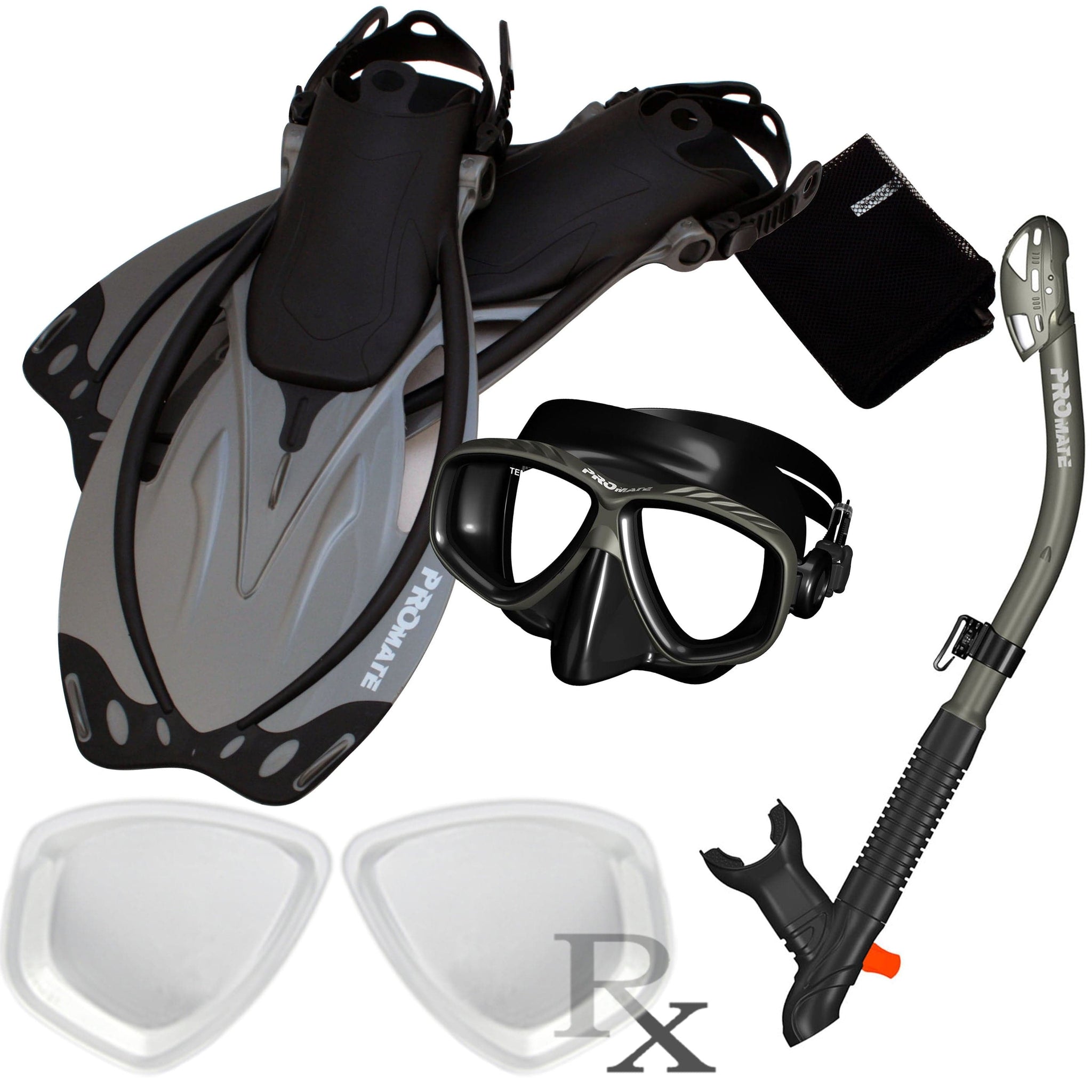 Promate Prescription PURGE Mask Dry Snorkel Fins Bag Snorkeling Gear
